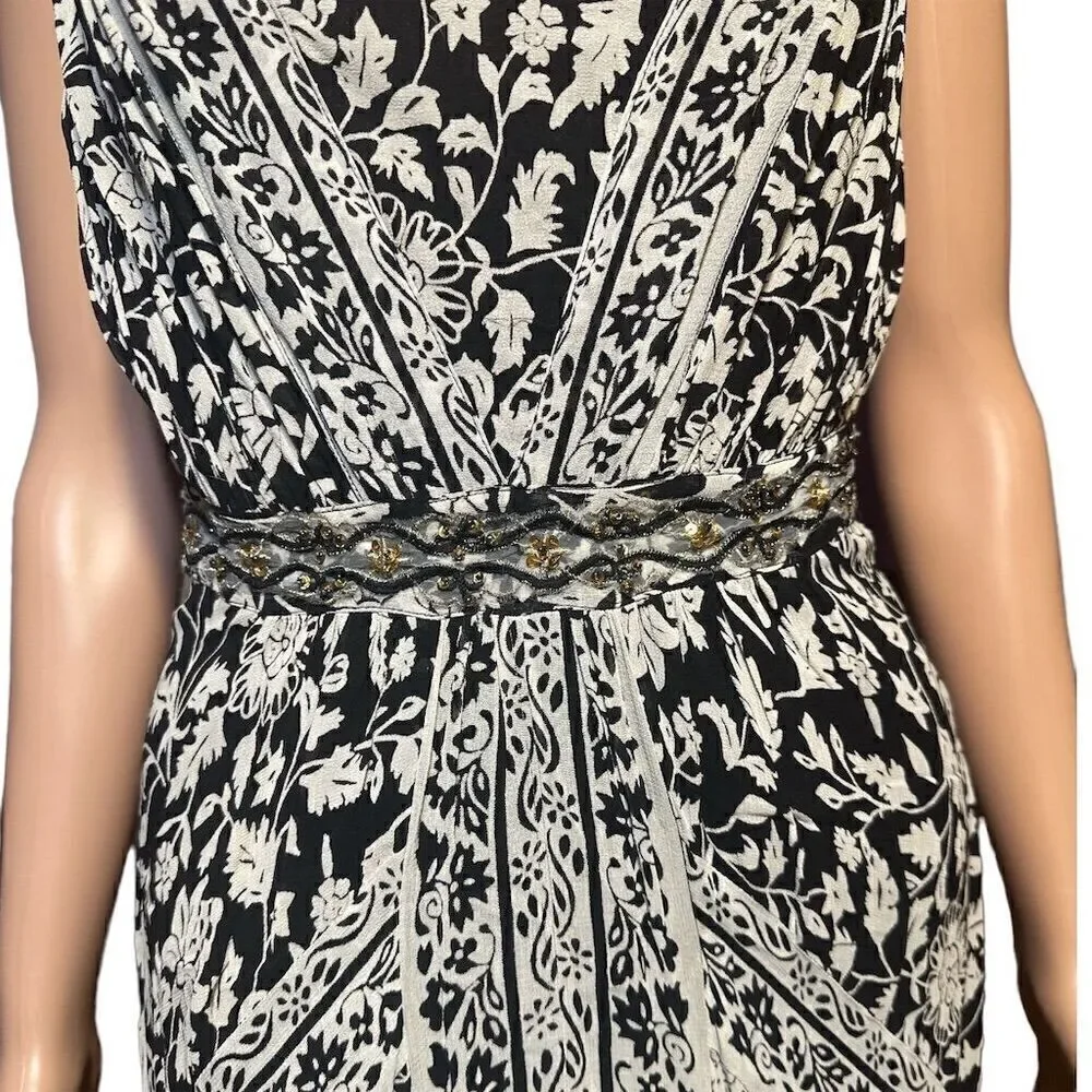 Dressbarn Black White Floral Sleeveless V Neck Back Sequin Waist Maxi Dress